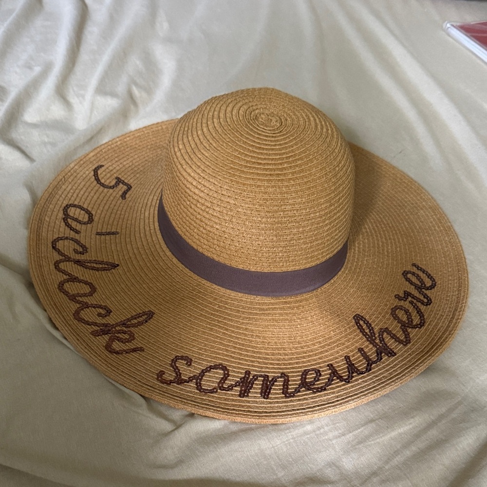 Tan Wide Brim Hat with Embroidered Text